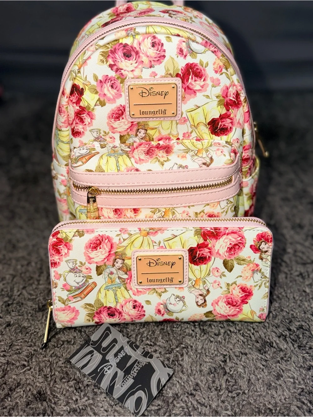 Loungefly Pink Floral Belle Kids Backpack and Wallet Set
